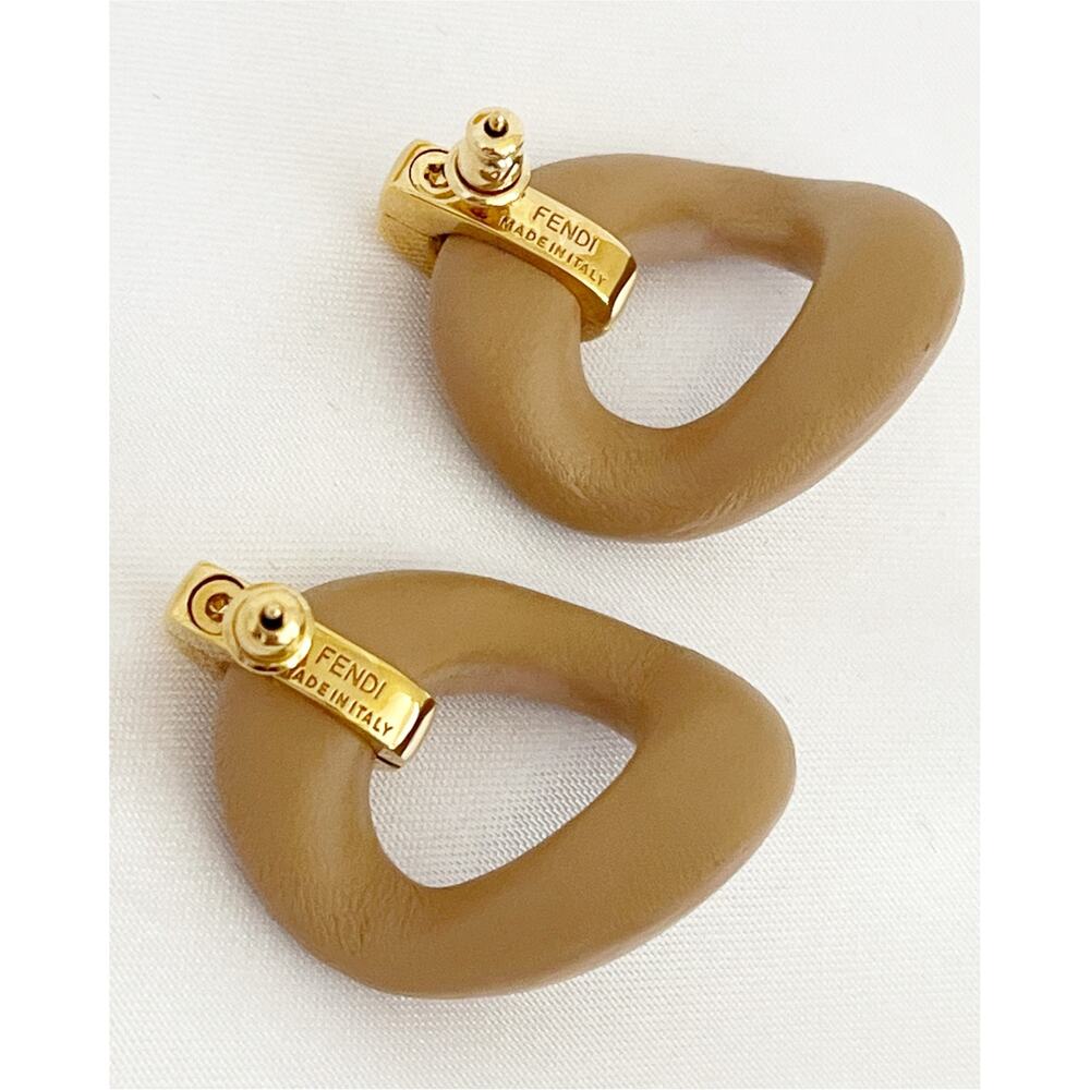 FENDI FILO Leather Stud Earrings Beige Hoop Design Pierced Gold Tone Hardware - Picture 5 of 11